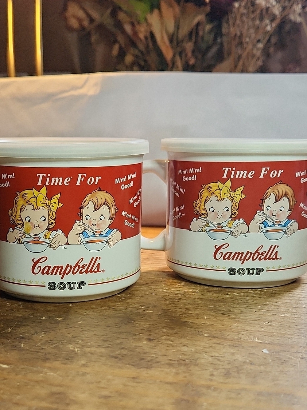 Campbell’s Soup Time For Red/White Advertising Mug Set w/ Plastic Lids (2) 1998